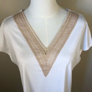 Sampeel White V-Neck Short Sleeve Top with Gold Embroidery Size M